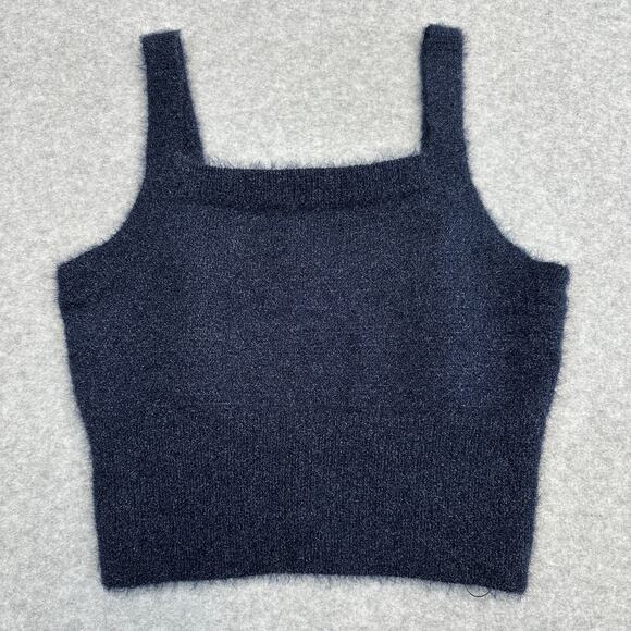 House of Harlow 1960 Fuzzy Knit Cropped Tank Top Womens M Navy Blue Square Neck - Picture 1 of 5